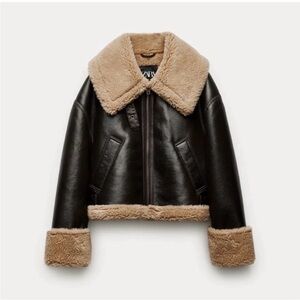 Zara double sided short leather Sherpa aviator jacket